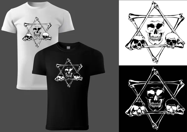 Shirt Design Com Caveira Pentagrama Ossos Ilustração Preto Branco Com —  Vetores de Stock