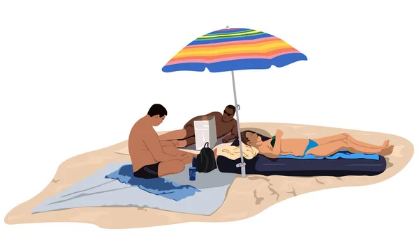 Las Personas Tomando Sol Playa Arena Ilustración Color Aislado Sobre — Archivo Imágenes Vectoriales