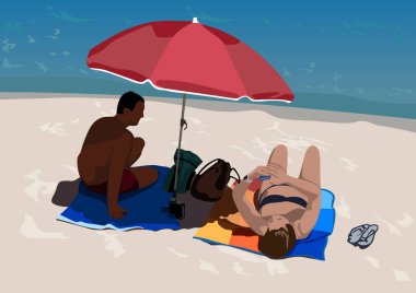 Kum Kumsalında Güneşlenen İnsanlar - Grafik Projeleriniz için Yaz Temalı Renkli Resimler, Vektör 