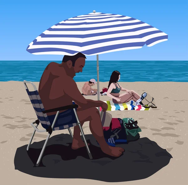 Las Personas Tomando Sol Playa Arena Ilustración Colores Con Tema — Archivo Imágenes Vectoriales