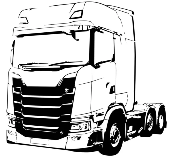 Truck Sketch Fekete Fehér Illusztráció Elszigetelt Fehér Háttér Vektor — Stock Vector