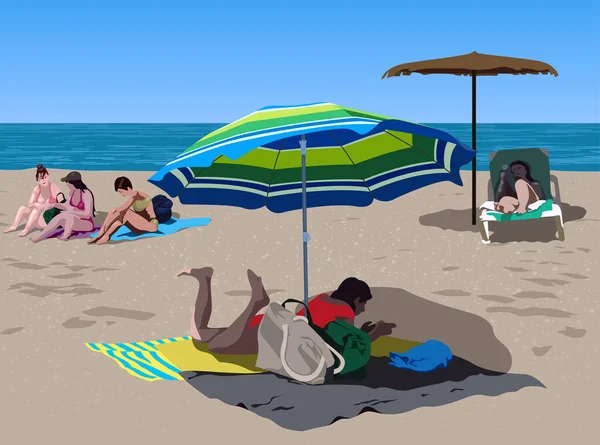 Las Personas Tomando Sol Playa Arena Ilustración Colores Con Tema — Archivo Imágenes Vectoriales