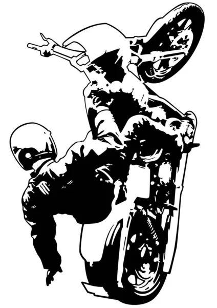 Motocycliste Sur Dessin Moto Illustration Dessin Noir Blanc Isolé Sur — Image vectorielle