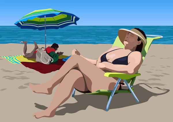 Las Personas Tomando Sol Playa Arena Ilustración Colores Con Tema — Archivo Imágenes Vectoriales