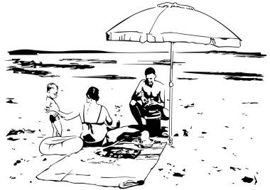 Siyah ve Beyaz Sahildeki Aile Çizimi - Beyaz Arkaplanda İzole Edilmiş Siyah Resimler, Vektör