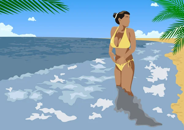Иллюстрация Молодой Женщины Воде Песчаном Тропическом Пляже Цветная Векторная Иллюстрация — стоковый вектор