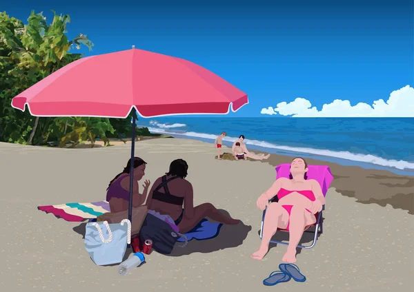 Sunbathing People Sandy Tropical Beach Ilustração Colorida Com Tema Verão — Vetor de Stock