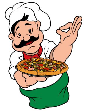 Pizza Şefi Karakteri - Renkli Çizgi Film Resimleri Beyaz Arkaplanda İzole Edildi, Vektör