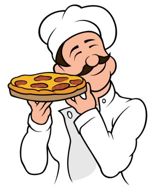 Pizza Şefi Karakteri - Renkli Çizgi Film Resimleri Beyaz Arkaplanda İzole Edildi, Vektör