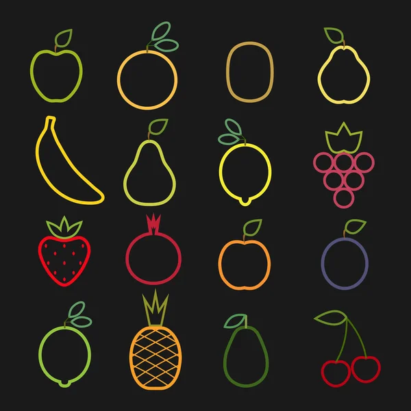 Conjunto de iconos de frutas planas dibujando con líneas sobre fondo negro . — Archivo Imágenes Vectoriales