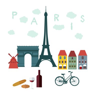 Paris, Fransa için düz şık vektör çizim.