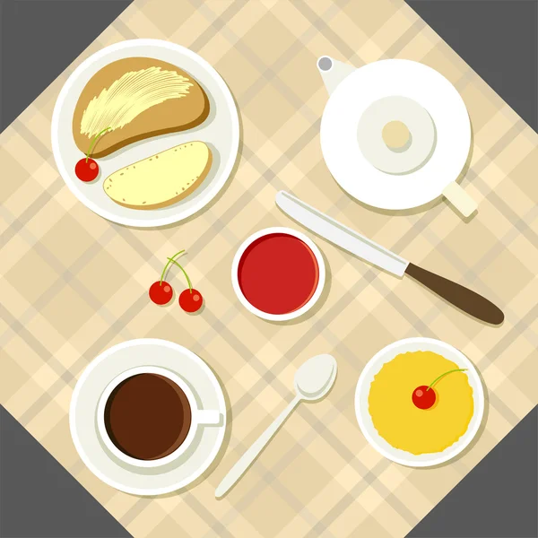 Vector breakfast illustration with fresh food and drinks in flat style. — Stock Vector