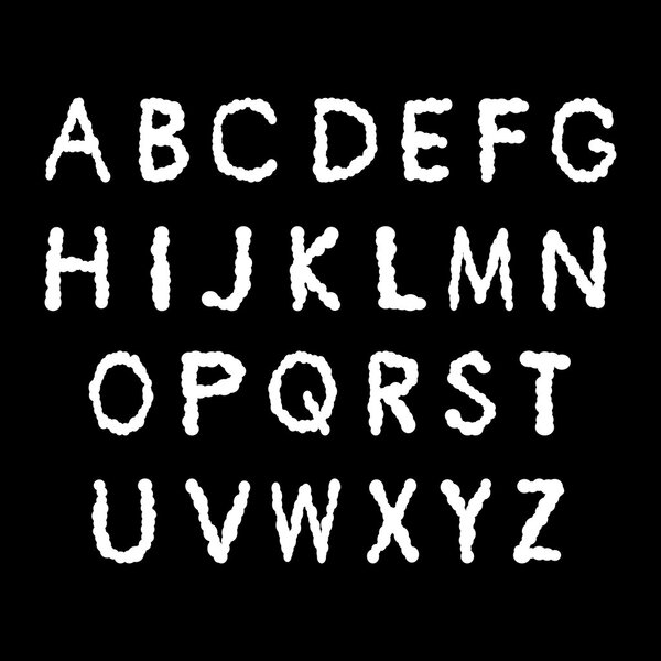 Alphabet, white letters on a black background.