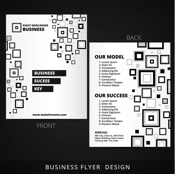 Design de folheto frontal e traseiro com elementos quadrados pretos — Vetor de Stock