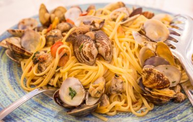 Gerçek spagetti alle vongole Napoli, İtalya
