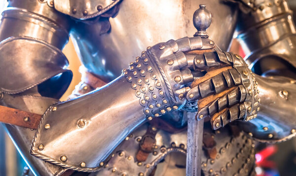 Detail of a Middle age knight armour - 15th Century. Concept for security, safety and protection.