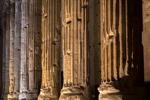 Rome, Italy. Detail of illuminated column architecture of Pantheon by night. Useful as archaeology background.