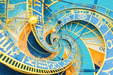 Prag astronom saatine dayanan Droste etkisi. Astroloji, fantezi, zaman ve sihirle ilgili kavramlar için soyut tasarım.