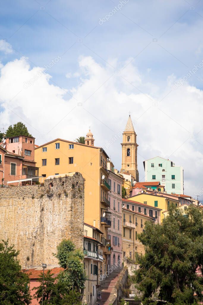 VENTIMIGLIA, ITALY - CIRCA AUGUST 2020: panarama of Ventimiglia old village in Liguria Region, sunny day with blue sky