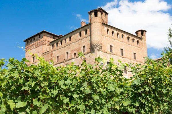 イタリアのピエモンテ州にあるブドウ畑で 背景にはGrinjin Cavour城があります ランゲはバローロワインのワイン地区です — ストック写真