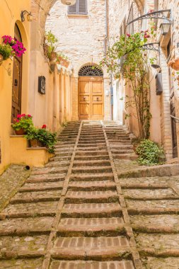 Spello, İtalya - Haziran 2021: Antik caddede çiçekler. Spello İtalya 'nın Umbria bölgesinde yer almaktadır..