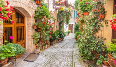 Spello, İtalya - Haziran 2021: Antik caddede çiçekler. Spello İtalya 'nın Umbria bölgesinde yer almaktadır..
