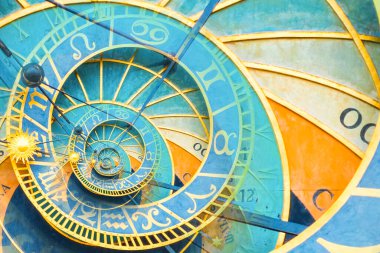 Prag astronom saatine dayanan Droste etkisi. Astroloji, fantezi, zaman ve sihirle ilgili kavramlar için soyut tasarım.