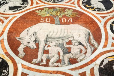 Siena, İtalya - 07 Ağustos 2024: mermer mozaikli Duomo katedralinin detayları.