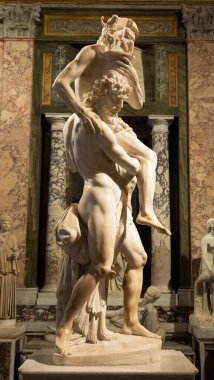 Roma, İtalya - 28 Aralık 2023: Galleria Borghese Müzesi - Aeneas, Anchises ve Ascanius yazan Gian Lorenzo Bernini, 1619 - beyaz mermer