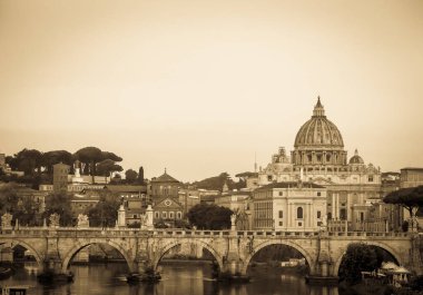 Roma eski kartpostal, Vatikan Kubbesi Tiber nehri üzerinde köprü - eski tarz, eski dokuma