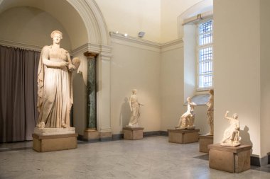 Napoli Arkeoloji Müzesi 'nin 15 Kasım 2025 tarihli NAPLES, İtalyan İç Galerisi yumuşak gün ışığında antik mermer heykeller sergiliyor. Sanatsal seyahat hedefi.