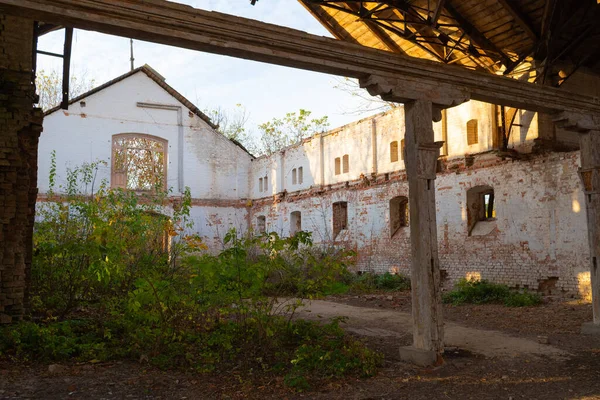Vieilles structures en bois et murs de briques dans une écurie abandonnée dans le domaine de Natalyevka, région de Kharkiv, Ukraine — Photo