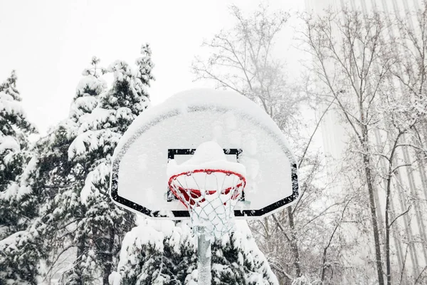 スペイン マドリードでの激しいフィレンマ嵐の間の雪の下でのストリートバスケットボールのフープのフロントビュー ロイヤリティフリーのストック写真