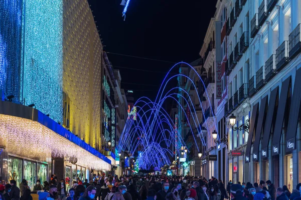 Madrid Décembre 2020 Des Foules Gens Rassemblent Calle Preciados Madrid — Photo