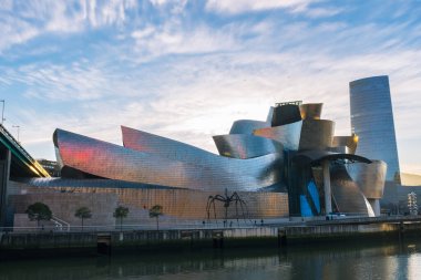 BILBAO, İspanya - 20 Ocak 2016: Bilbao, İspanya 'daki Nervion nehrinin kıyısındaki Guggenheim Müzesi ve Iberdrola Kulesi' nin geniş açılı görüntüsü.