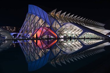 Valencias Sanat ve Bilim Şehri 'nin önemli bir parçası olan Museu de les Cincies Principe Felipe' nin 6 Şubat 2025 'te yumuşak, fütüristik ışıklandırmayla yıkanmış hali..