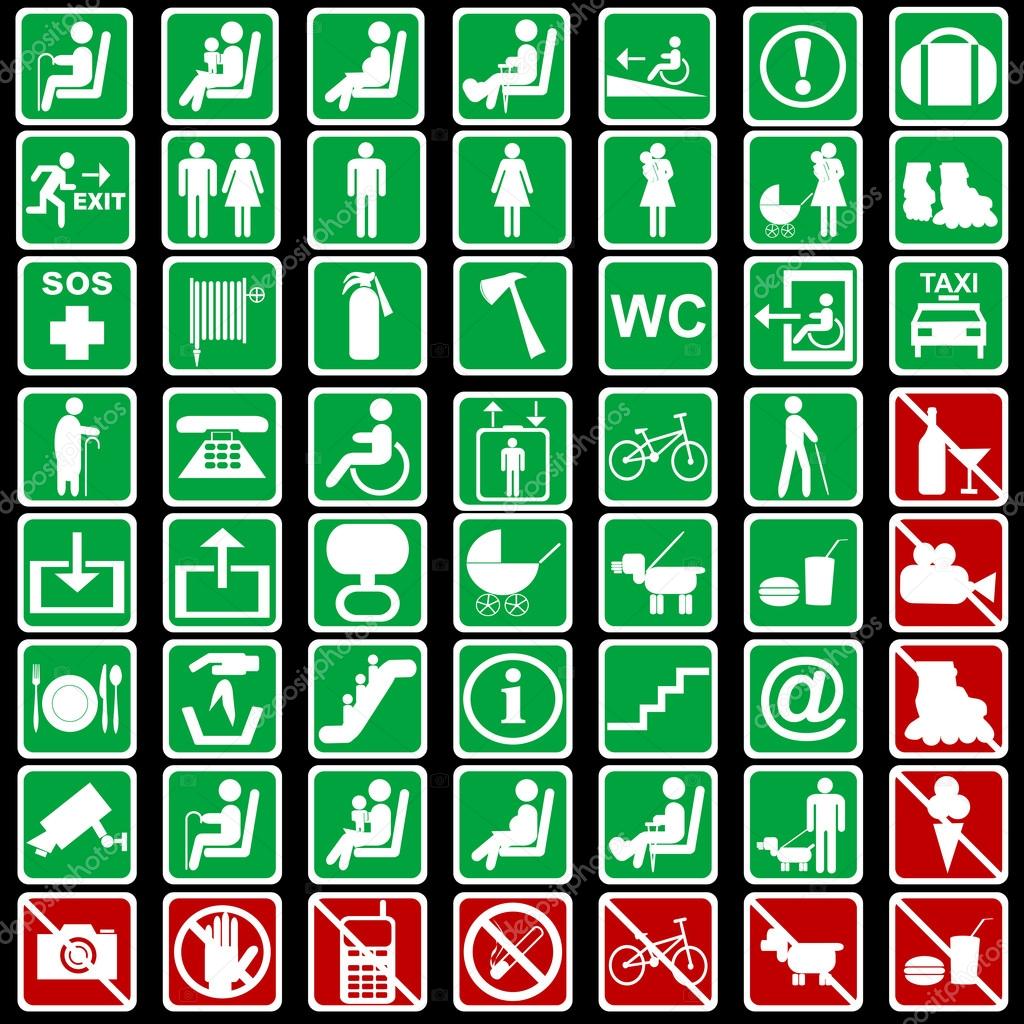 Collection of international signs used in transportation means