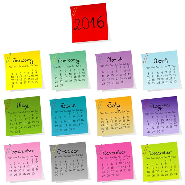 2016 календар з кольорових аркушів паперу — стоковий вектор