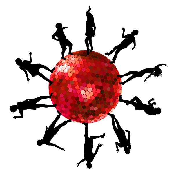 ディスコ ボールの上でダンスする人のシルエット — ストックベクタ