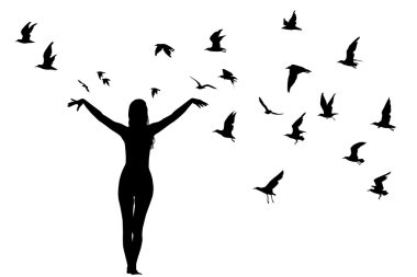 Silhouette of girl and birds clipart
