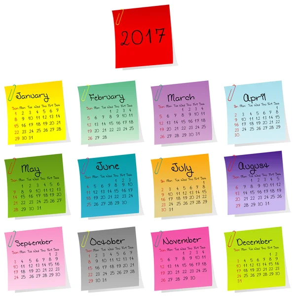 2017 calendar made of colored sheets of paper — Stock Vector