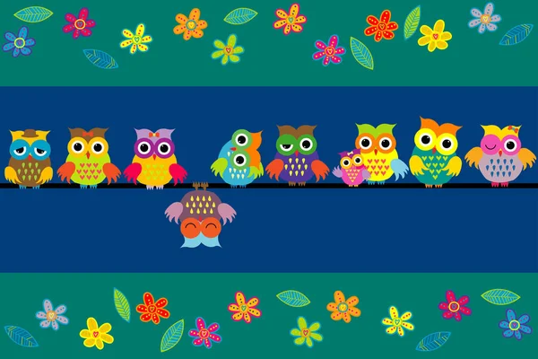 Border Cartoon Cute Owls — Stock Vector