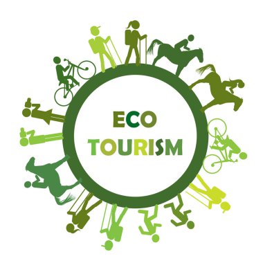 Yuvarlak çerçeveli eko turizm kavramı ve stil sahibi turistler