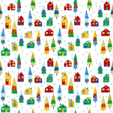 Karikatür kış arka planında evler