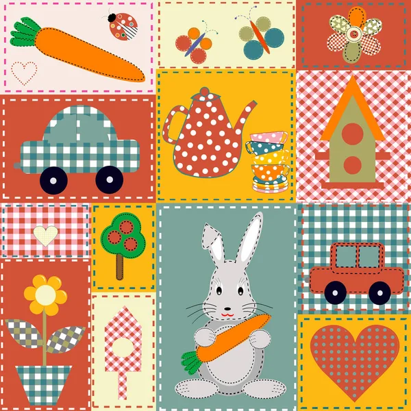 ウサギと縫い付けられたアイテムとスクラップブックのパッチワーク — ストックベクタ