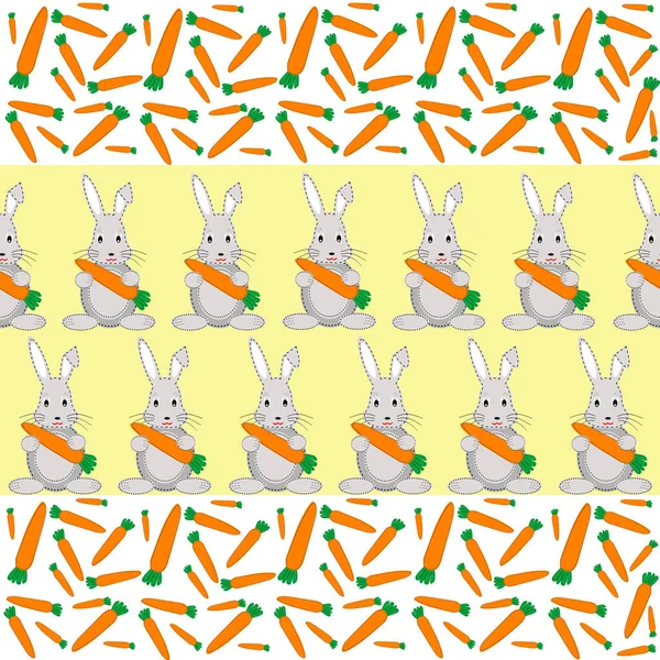 黄色の背景にウサギとニンジンのシームレスなパターン — ストックベクタ
