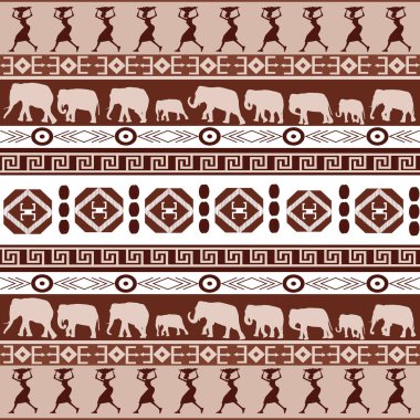 Afrikalı kadın ve fil siluetleriyle Afrika deseni
