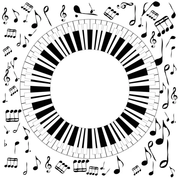 Concepto Musical Blanco Negro Con Piano Redondo Notas Símbolos Musicales — Archivo Imágenes Vectoriales