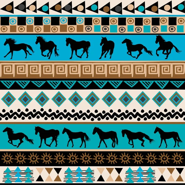 Tribale Etnische Patroon Met Paarden Silhouetten Traditionele Symbolen — Stockvector