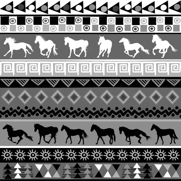 Black White Pattern Ethnic Motifs Silhouettes Horses — Stock Vector